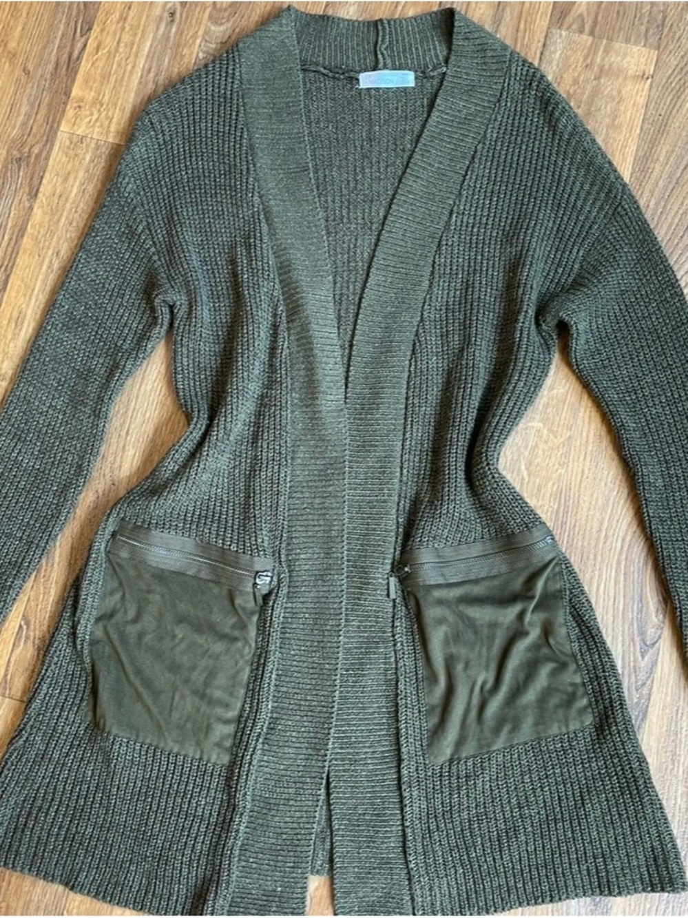 Madison Olive Ribbed Open-Front Cardigan with Zip Pockets